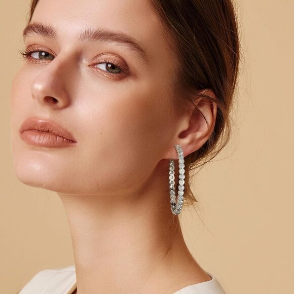 925 Silver-50mm Heart Cubic Zirconia Large Rhinestone Hoop Earrings for Womens - Picture 6 of 7